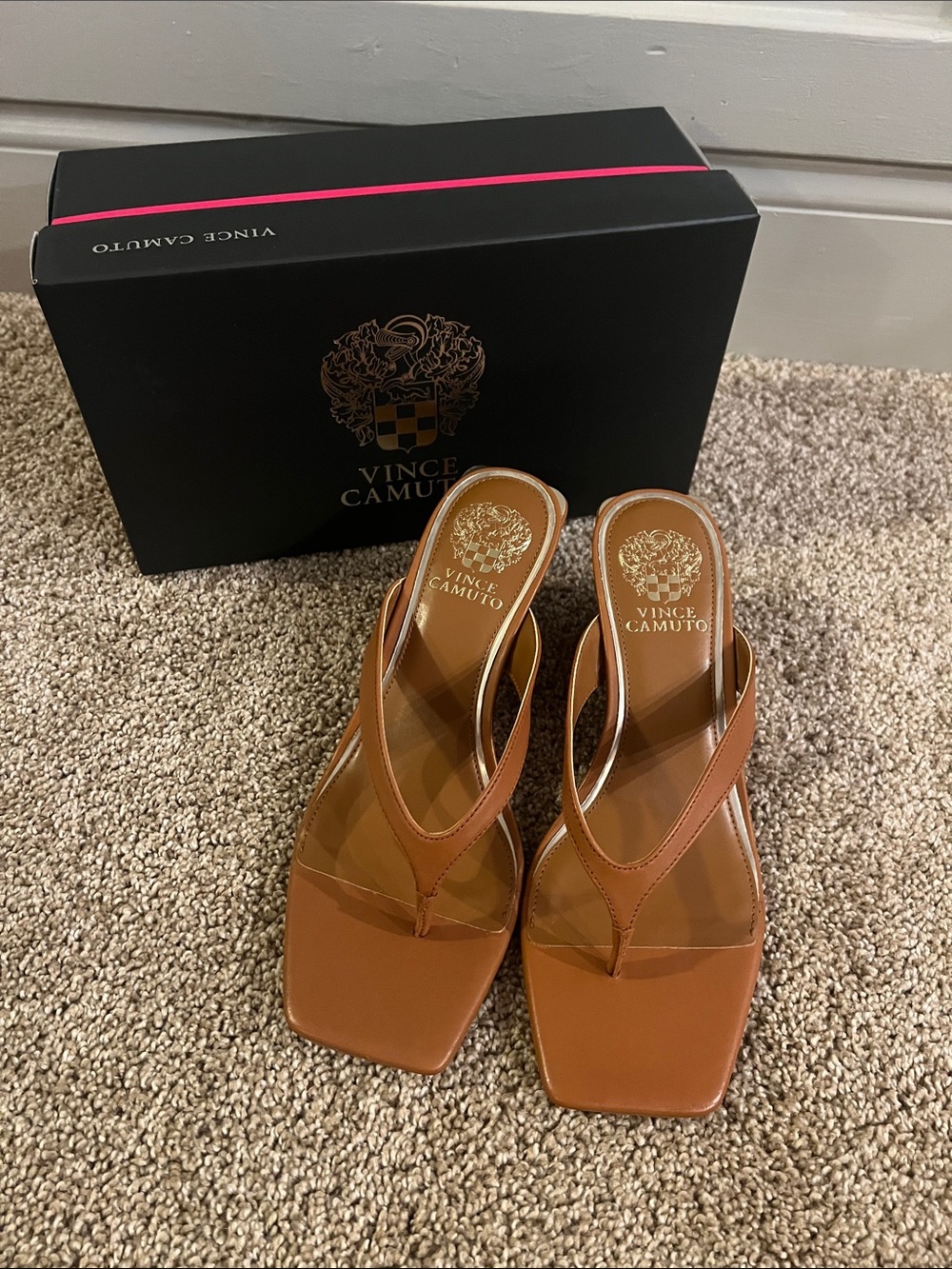 Vince Camuto Clanna Brown Leather Square-Toe Thong Wedge